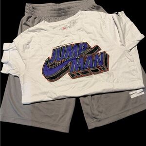 Nike White and Purple Jumpman Tee with Gray Shorts